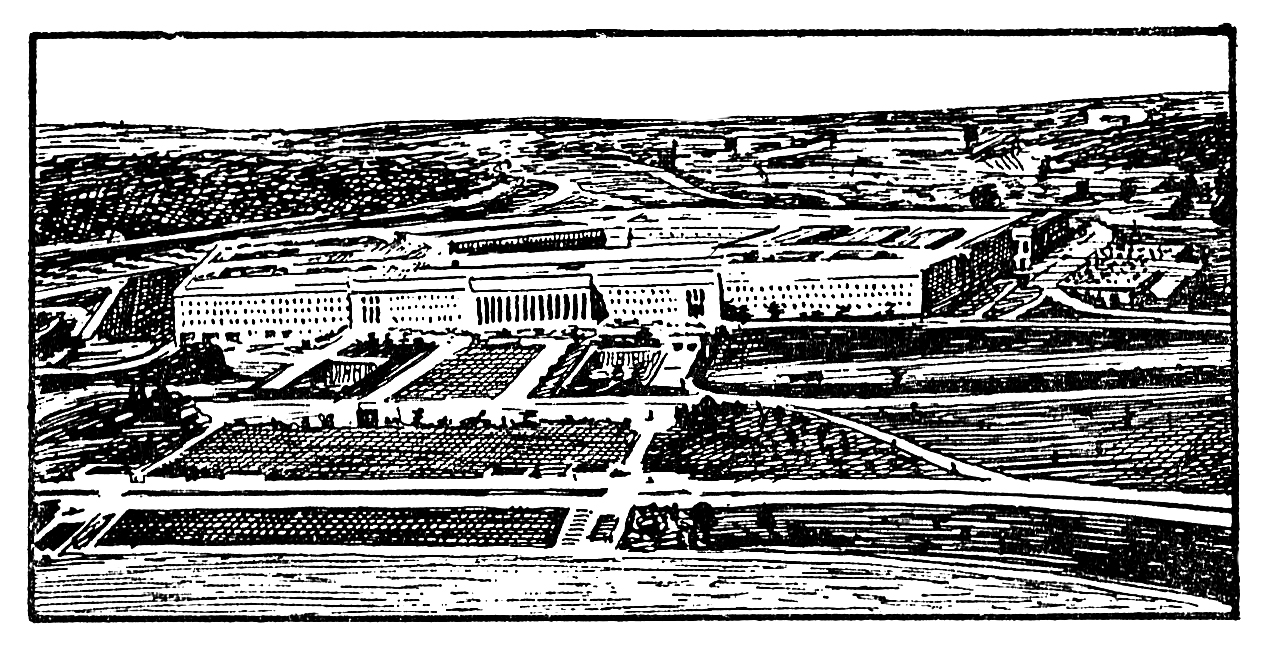 Vue aérienne du Pentagone. Au fond l'annexe occupée par la Marine.