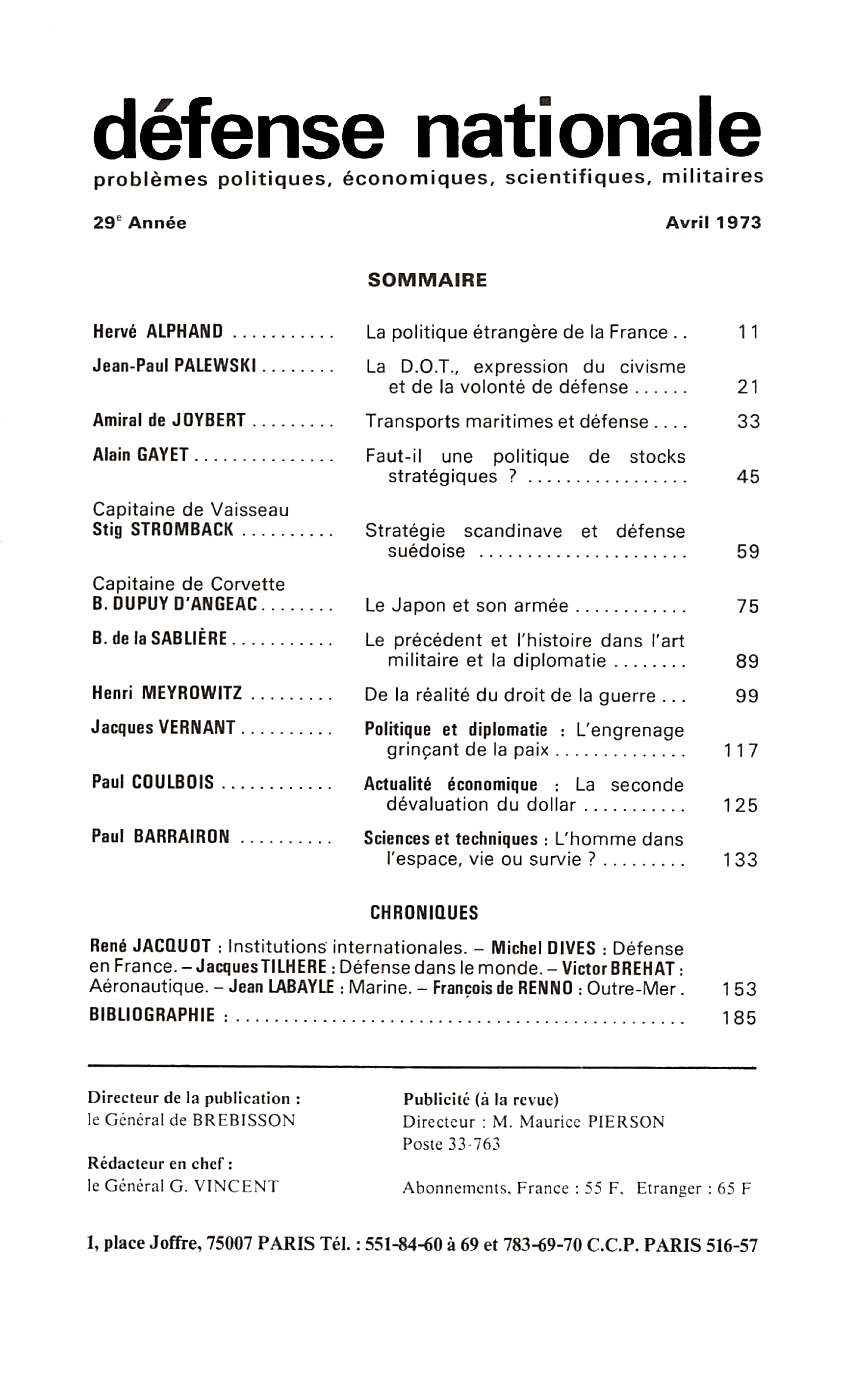 Sommaire RDN n° 321, avril 1973