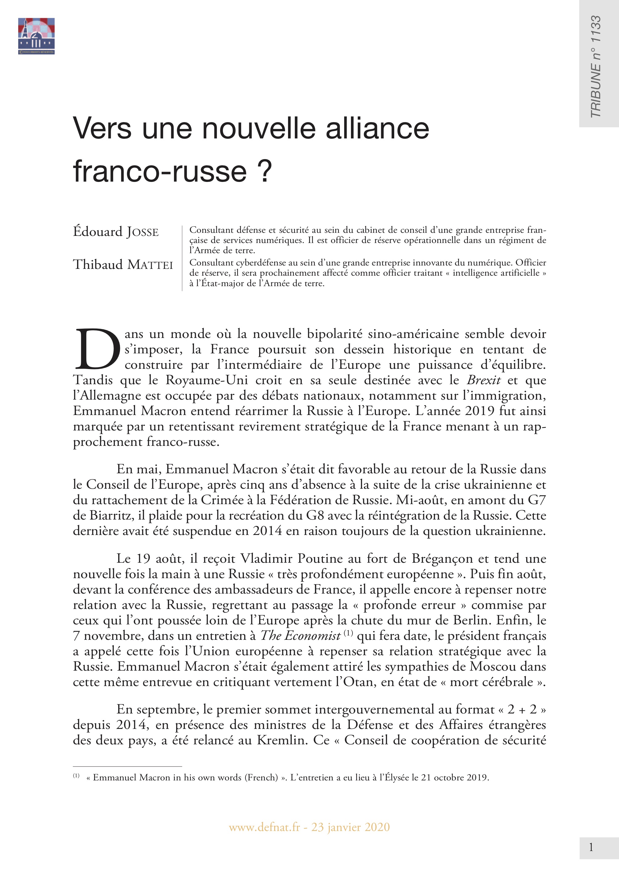 Vers une nouvelle alliance franco-russe ? (T 1133)
